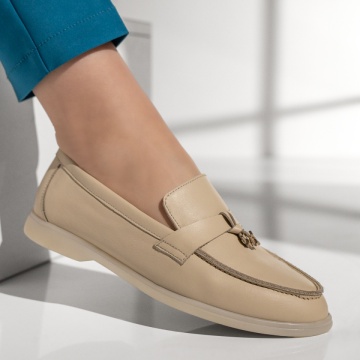 Pantofi casual dama cu accesoriu decorativ bej din Piele naturala ZLZ13134, 2, elaza.ro