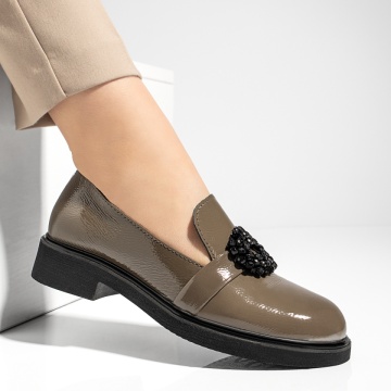 Pantofi casual dama cu accesoriu decorativ bej inchis din Piele naturala ZLZ09917, 3, elaza.ro