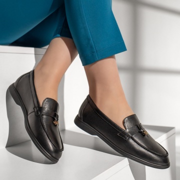 Pantofi casual dama cu accesoriu decorativ negri din Piele naturala ZLZ13134, 2, elaza.ro
