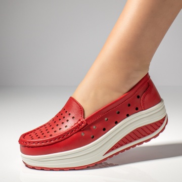 Pantofi casual dama cu platforma si perforatii rosii din Piele naturala ZLZ03748, 2, elaza.ro
