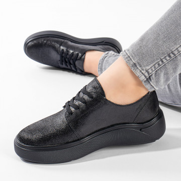 Pantofi casual dama cu siret si talpa groasa negri din Piele naturala ZLZ11132, 2, elaza.ro