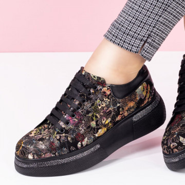 Pantofi casual dama cu talpa groasa negri cu imprimeu din Piele naturala ZLZ08254, 2, elaza.ro