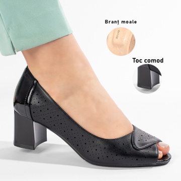 Pantofi dama cu toc gros si perforatii negri ZLZ11214, 1, elaza.ro