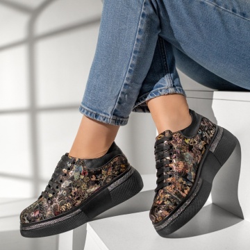 Pantofi casual dama cu talpa groasa negri cu imprimeu din Piele naturala ZLZ08254, 3, elaza.ro