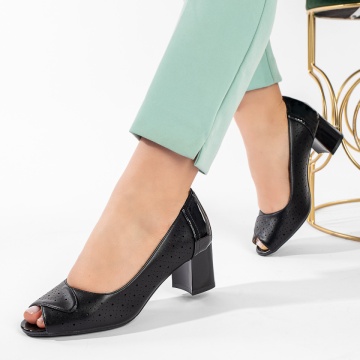 Pantofi dama cu toc gros si perforatii negri ZLZ11214, 2, elaza.ro