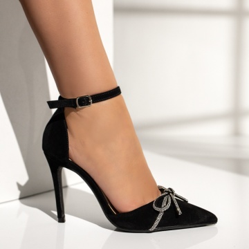 Pantofi dama cu toc subtire si fundita negru suede ZLZ13916, 2, elaza.ro