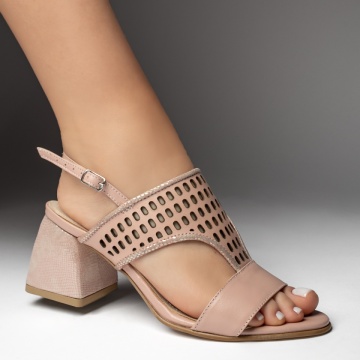 Sandale dama cu toc gros si perforatii roz sidefat din Piele naturala ZLZ13449, 1, elaza.ro