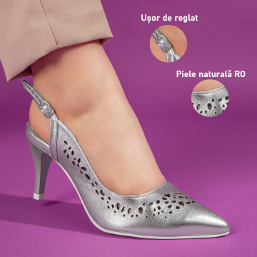 Sandale dama perforate cu toc subtire argintii din Piele naturala ZLZ11306, 1, elaza.ro