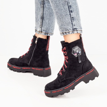 Bocanci negri cu rosu suede dama cu siret si fermoar ZLZ07155, 2, elaza.ro