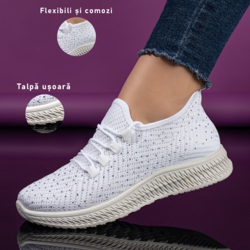Espadrile sport dama cu siret si strasuri din material textil albe ZLZ10998, 1, elaza.ro