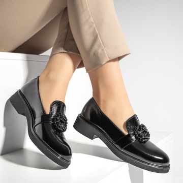 Pantofi casual dama cu accesoriu decorativ negri din Piele naturala ZLZ09917, 3, elaza.ro