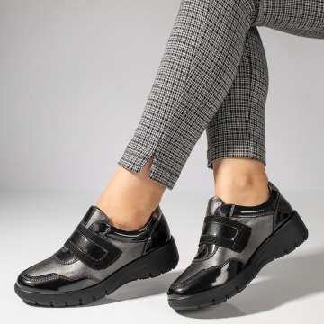 Pantofi casual dama cu platforma si inchidere cu scai gri cu negru luciosi ZLZ11943, 1, elaza.ro