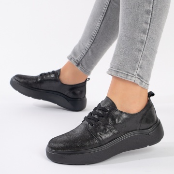 Pantofi casual dama cu siret si talpa groasa negri din Piele naturala ZLZ11132, 4, elaza.ro