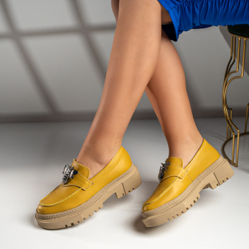 Pantofi dama casual galbeni cu talpa bej din Piele naturala cu aplicatii metalice ZLZ04117, 3, elaza.ro