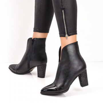 Botine negre dama cu toc si fermoar din Piele naturala si varf cu aspect lacuit ZLZ07304, 2, elaza.ro