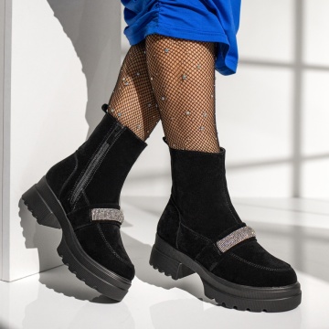 Ghete dama cu talpa groasa si aplicatii cu strasuri negru suede ZLZ12629, 2, elaza.ro