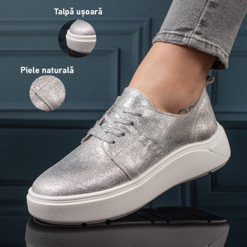 Pantofi casual dama cu siret si talpa groasa argintii din Piele naturala ZLZ11132, 1, elaza.ro