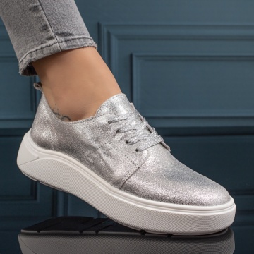 Pantofi casual dama cu siret si talpa groasa argintii din Piele naturala ZLZ11132, 3, elaza.ro