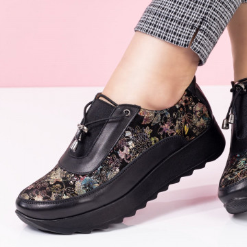 Pantofi dama casual cu siret elastic si imprimeu din Piele naturala negri ZLZ00300, 1, elaza.ro