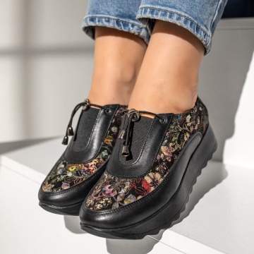 Pantofi dama casual cu siret elastic si imprimeu negri din Piele naturala ZLZ00300, 1, elaza.ro
