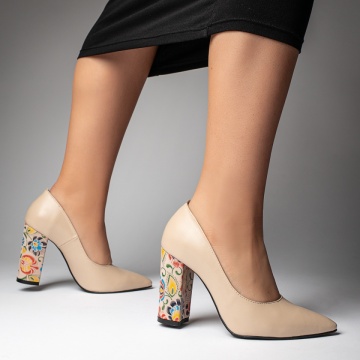 Pantofi dama cu toc gros si imprimeu bej deschis din Piele naturala ZLZ12738, 1, elaza.ro