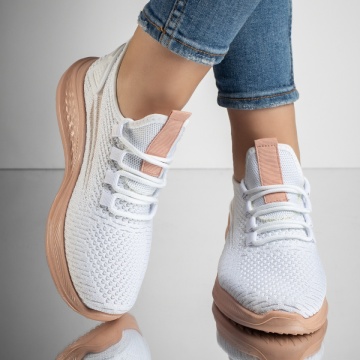 Pantofi sport dama cu siret din material textil alb cu roz deschis ZLZ13183, 2, elaza.ro