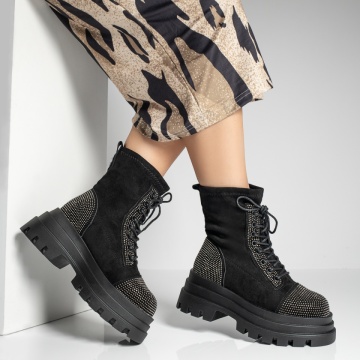 Bocanci dama cu siret si pietre aplicate negru suede ZLZ12264, 1, elaza.ro