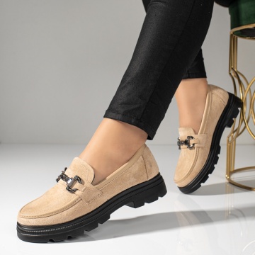 Pantofi casual dama bej suede cu talpa groasa si accesoriu metalic ZLZ10976, 2, elaza.ro