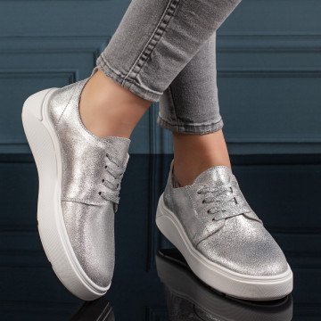 Pantofi casual dama cu siret si talpa groasa argintii din Piele naturala ZLZ11132, 2, elaza.ro