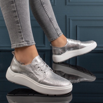 Pantofi casual dama cu siret si talpa groasa argintii din Piele naturala ZLZ11132, 4, elaza.ro