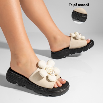 Papuci dama cu talpa groasa si model floral bej ZLZ11434, 1, elaza.ro