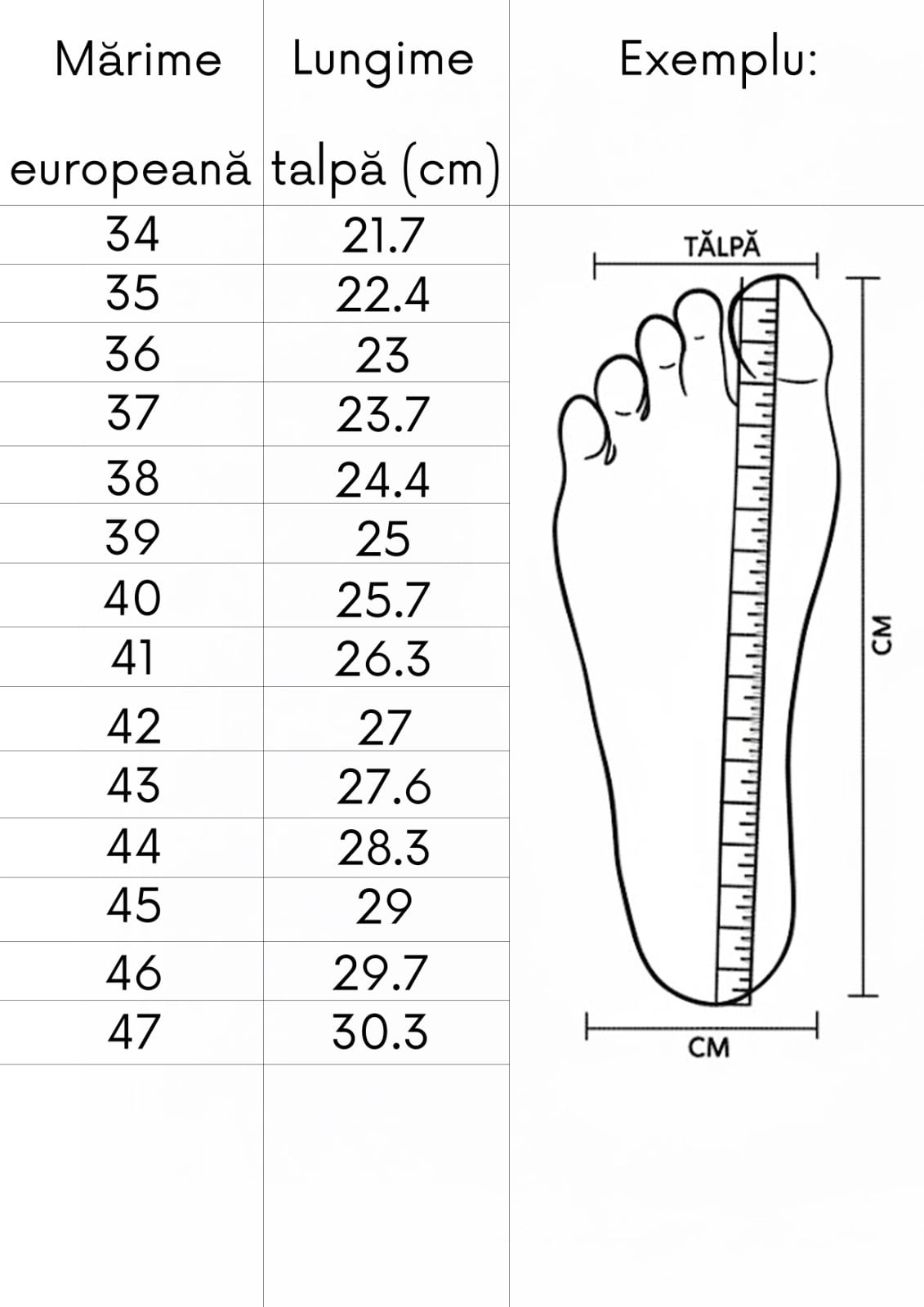 Tabel marimi incaltaminte dama