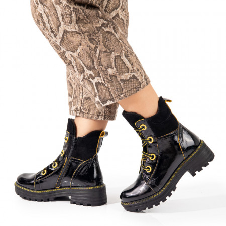 Bocanci dama din Piele naturala lacuita negri cu galben MOD0392, 2, modlet.ro