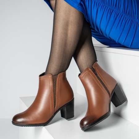 Botine dama cu toc gros maro Piele naturala MOD05667