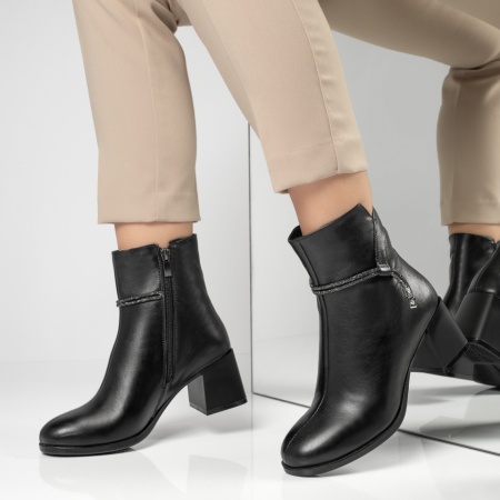 Botine dama, Botine dama cu toc gros negre din Piele Naturala MOD12452, modlet.ro