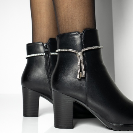Botine dama cu toc gros si accesoriu decorativ negru suede MOD14132, 2, modlet.ro