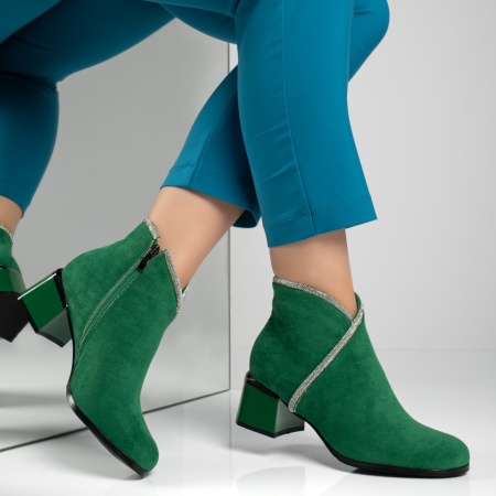 Botine dama cu toc gros si strasuri aplicate verde suede ZEF12594, 4, zeforia.ro