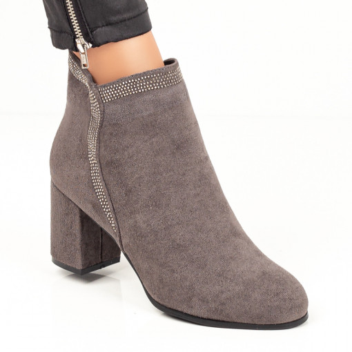 Botine gri suede cu toc gros si aplicatii dama MOD07092