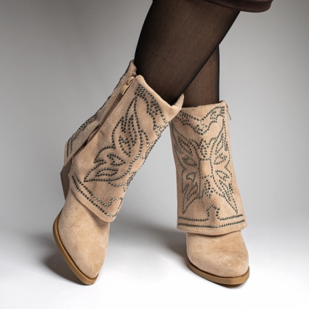 Ciocate dama cu toc gros si aplicatii cu pietre khaki suede MOD12341, 4, modlet.ro