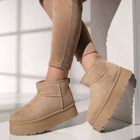 Cizme de iarna, Cizme dama scurt tip UG bej suede MOD12746, modlet.ro