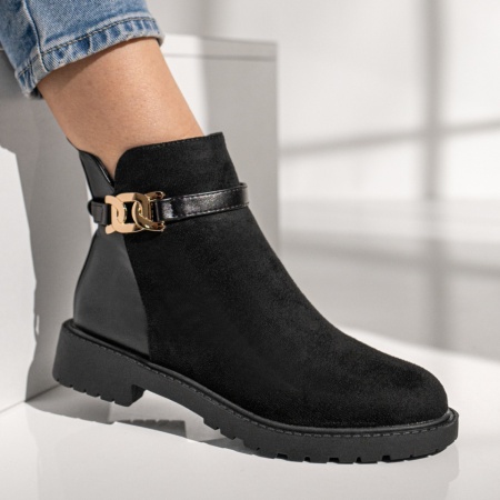 Ghete dama cu fermoar si accesoriu metalic negre suede ZEF12244, 4, zeforia.ro