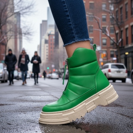 Ghete dama cu fermoar si talpa groasa verzi din Piele naturala MOD10460, 2, modlet.ro