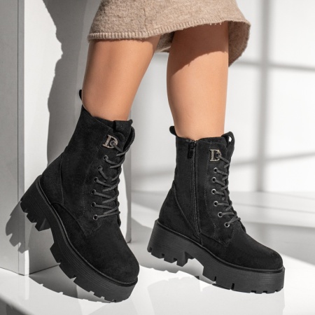 Ghete dama cu siret si talpa groasa negru suede MOD12785, 4, modlet.ro