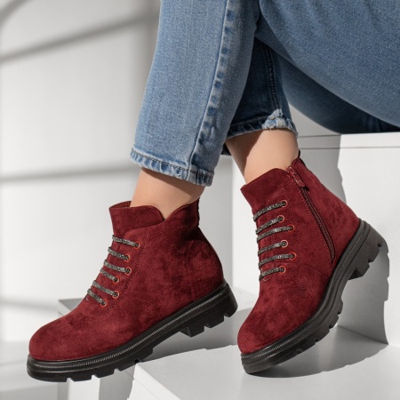 Incaltaminte dama, Ghete dama cu strasuri aplicate visiniu suede MOD12853, modlet.ro