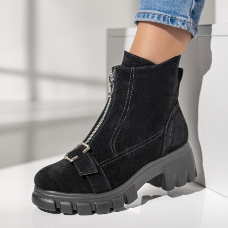 Ghete dama negre suede cu fermoare si talpa groasa MOD10470