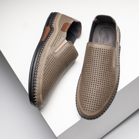 Pantofi casual barbati cu perforatii bej din Piele naturala MOD13644, 3, modlet.ro