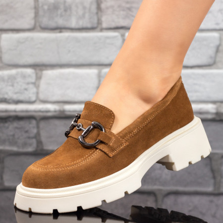 Reduceri incaltaminte dama, Pantofi casual dama cu accesoriu decorativ maro suede din Piele naturala ZEF08578, zeforia.ro