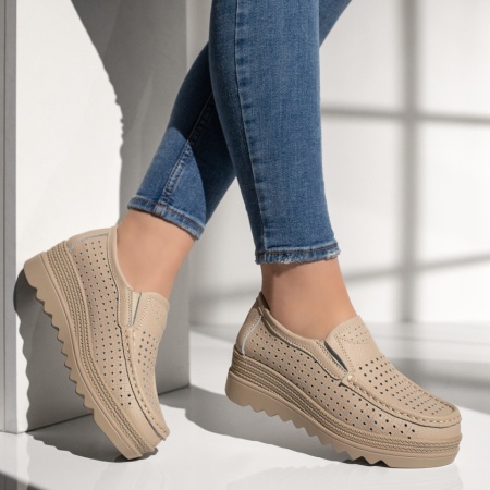 Pantofi casual dama cu perforatii bej din Piele naturala MOD13102, 4, modlet.ro