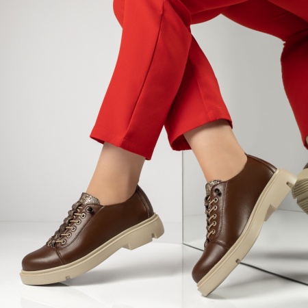 Pantofi casual dama, Pantofi casual dama cu siret elastic maro din Piele naturala MOD13150, modlet.ro