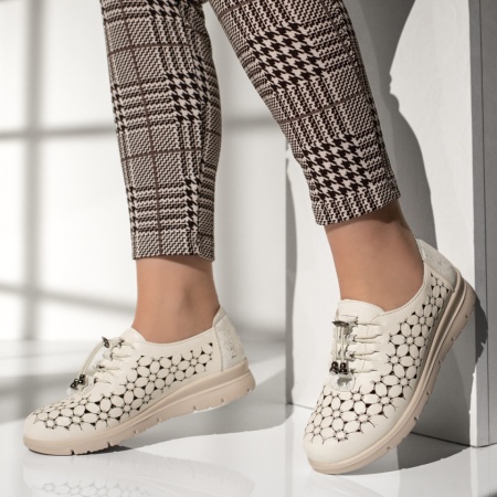 Pantofi dama, Pantofi casual dama cu siret elastic si perforati albi MOD13264, modlet.ro